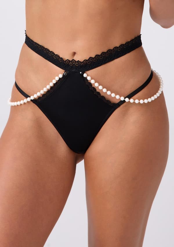 Damstringar i spets med pärlor - Shower Of Pearls M BLACK