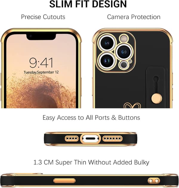 SILIKONE ETUI TIL APPLE IPHONE 14 PRO MAX SORT GULD MED HOLDER