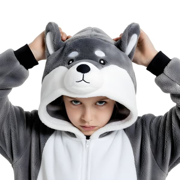Kigurumi pyjamas kostume grå husky børn 125-135cm