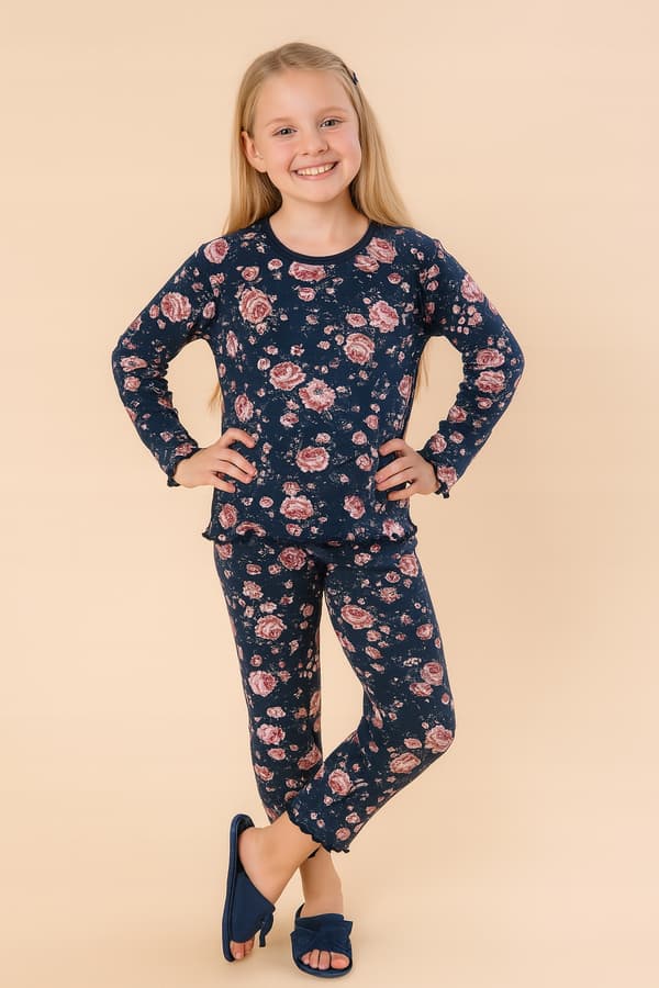 Pigernes BOMULDSPYJAMAS 158 PYJAMAS TIL PIGER ROSA MARINEBLÅ MØNSTER