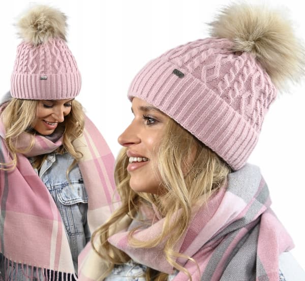Damvintermössa i rosa med pompom, varm fleecemössa PL