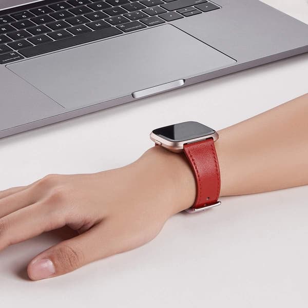 KLOCKARMBAND FÖR Fitbit Versa/Versa 2/LITE/SE RÖTT ÄKTA LÄDER