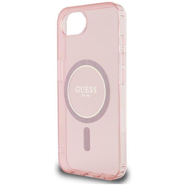Guess IML Glitter Circle MagSafe -kotelo iPhone 16e:lle, pinkki