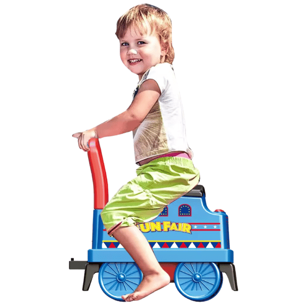 Blå lokomotivvogn, trolley, rollator, kørende pusher, lydeffekter