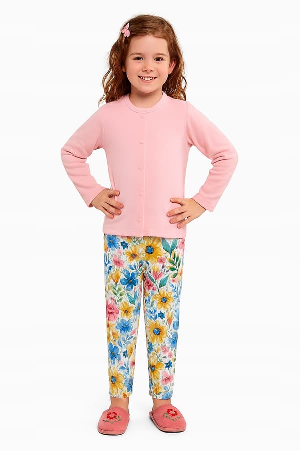Pigernes BOMULDSPYJAMAS 122 med knap, HOSPITALSPYJAMAS, LYSERØDE BLOMSTER