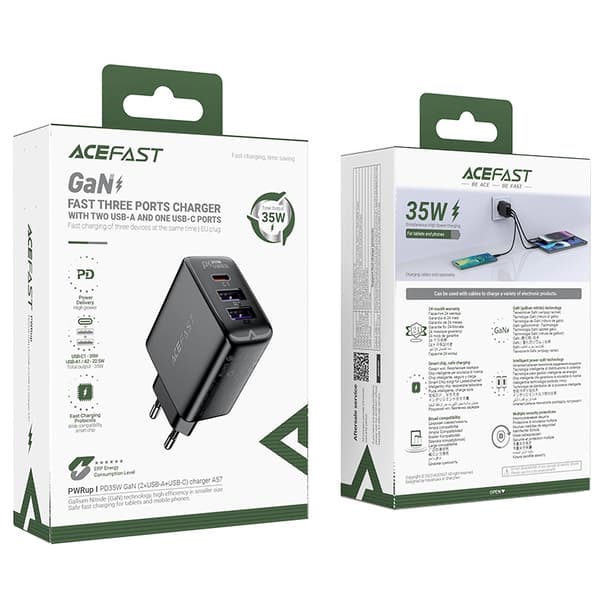 Acefast A57 PD 35W GaN Oplader 2 x USB-A + USB-C med 3 Porte - Sort