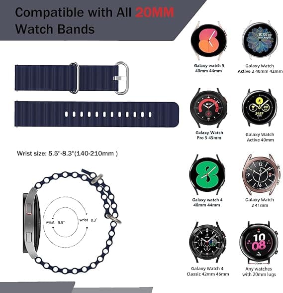 2x URREM TIL Samsung Galaxy Watch 5/4/3 SILIKONE SORT BLÅ 20mm