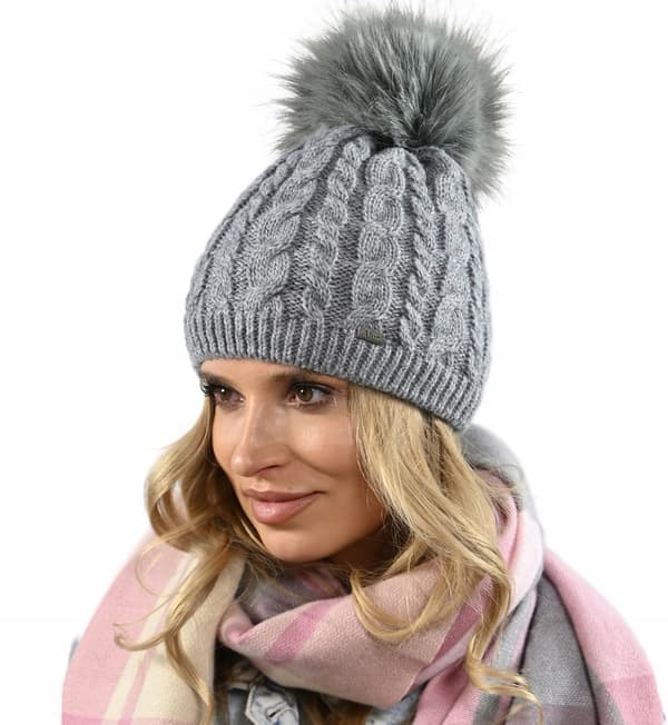 VARM DAMVINTERMÖSSA med pompom, fleecefodrad BEANIA Grå UNI