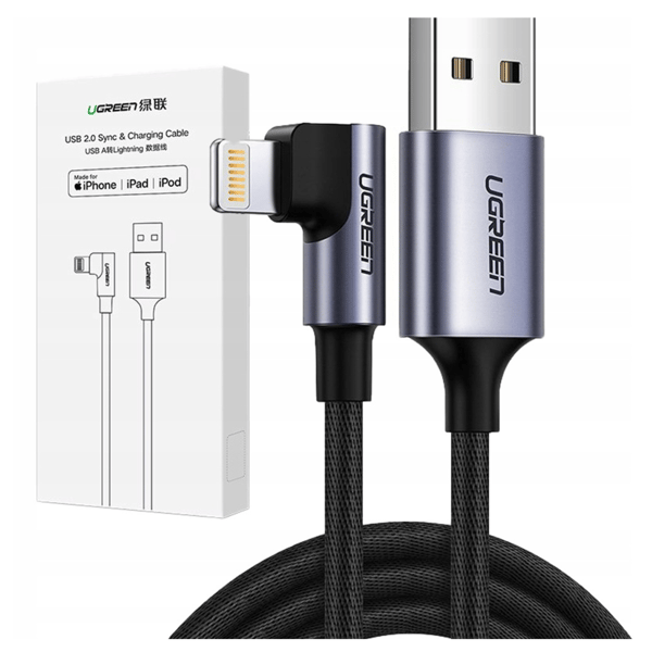 UGREEN US299 USB til Lightning-kabel, vinklet, MFi, 1 m (sort)