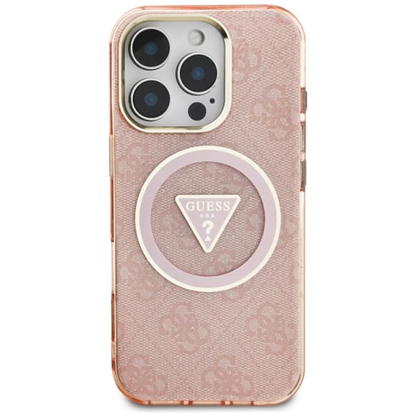Guess IML Metal Glitter 4G Circle Triangle MagSafe-etui til iPhone 16 Pro (lyserød)