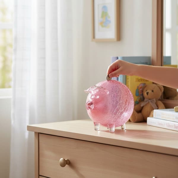 Lyserød sparegris, bulende, stor, glas, revnet, TIL GAVE