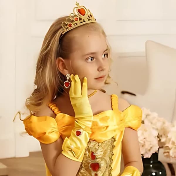 Bella Guldfärgad Prinsesskostym Set - Krona, Spira, Handskar, 7 Delar