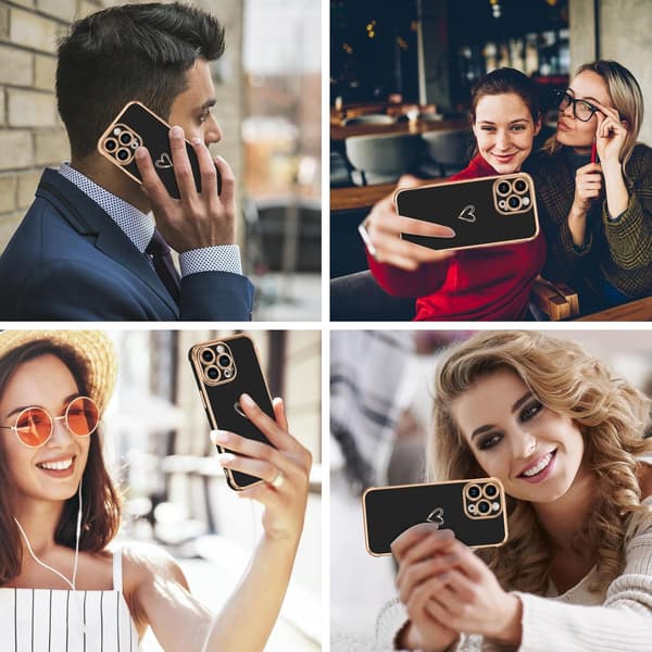 ETUI TIL APPLE IPHONE 14 PRO SORT GULD HJERTE HOLDBART A2890