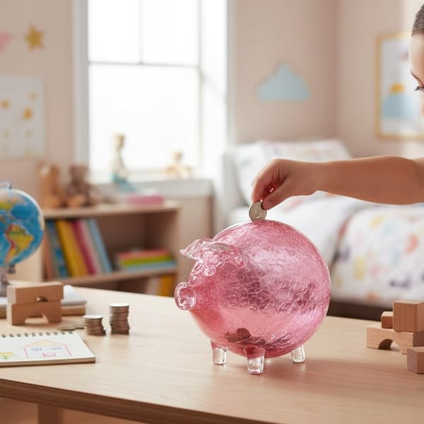 Lyserød sparegris, bulende, stor, glas, revnet, bryllupsgave