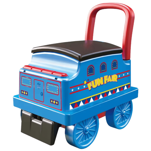 Blå lokomotivvogn, trolley, rollator, kørende pusher, lydeffekter
