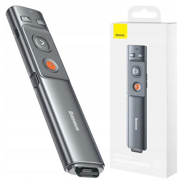 Baseus Orange Dot Multifunktionel Præsentationsfjernbetjening med Laserpointer, Batterifri (Grå)