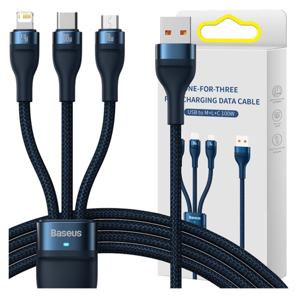 Baseus Flash Series 3in1 USB-kaapeli, USB-C + micro USB + Lightning, 100W, 1.2m (sininen)