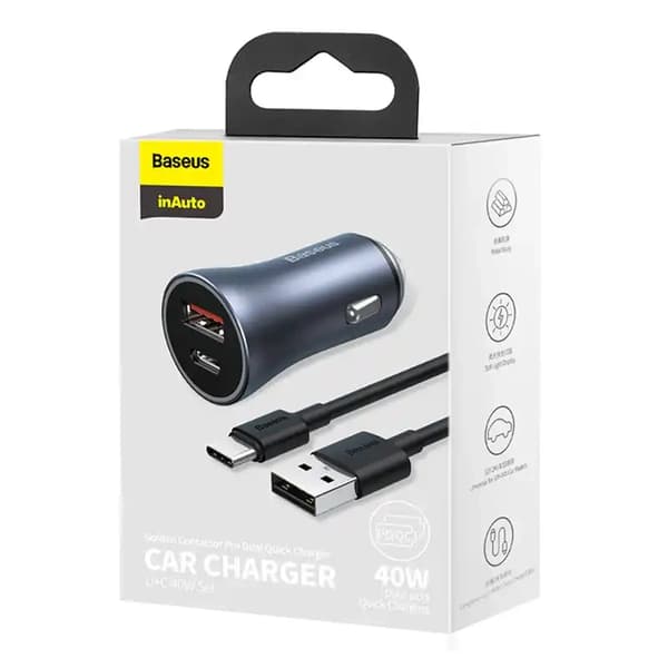 Baseus Golden Contactor Pro biloplader, USB + USB-C, QC4.0+, PD, SCP, 40W (grå) + USB til USB-C kabel 1m (sort)