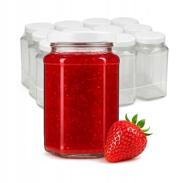 12x Glasburkar 385ml med lock HEXAGONAL burk för honung, gurkajuice