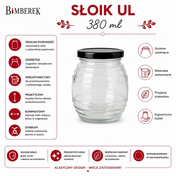 Glaskrukke UL 380 ml krukker til honning, fløde, marmelade, syltetøj, gave 5 stk.
