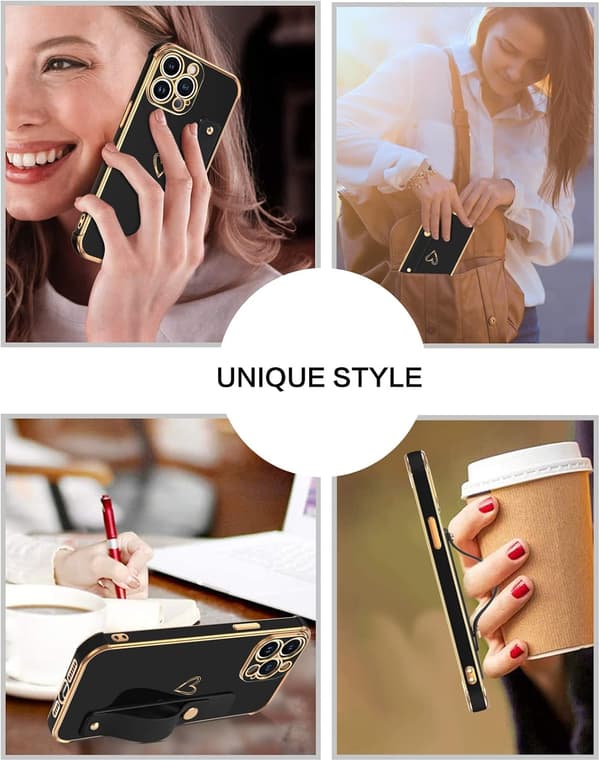 SILIKONE ETUI TIL APPLE IPHONE 14 PRO MAX SORT GULD MED HOLDER