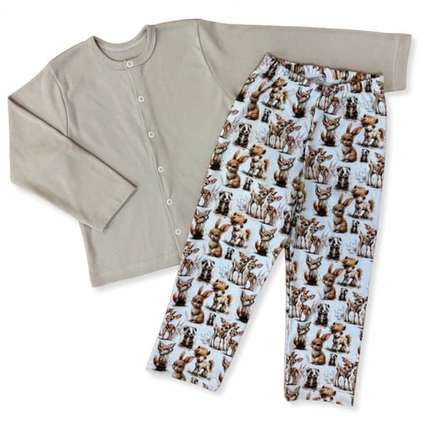 Barnpyjamas i bomull 146 med knapp för sjukhuset, BEIGE DEER