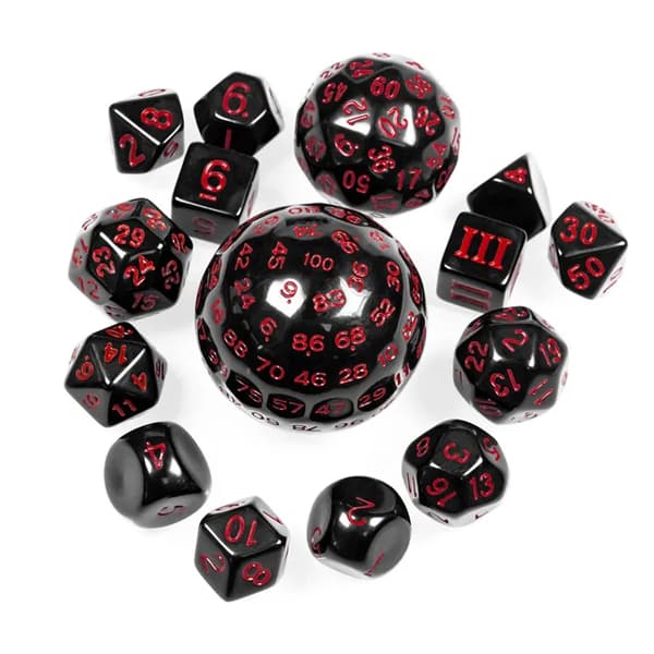RPG-tärningar svarta och röda set med 15 tärningar