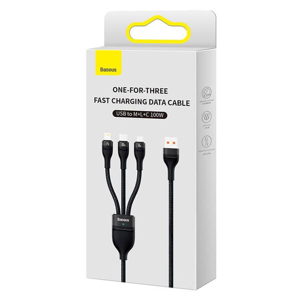 Baseus Flash Series 3-i-1 USB-kabel, USB-C + micro-USB + Lightning, 100W, 1,2m (svart)