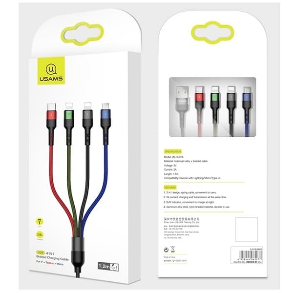 USAMS U26-stikkabel 4w1 3m 2AFast Charge (2xlightning/microUSB/USB-C) SJ413USB01 (US-SJ413)