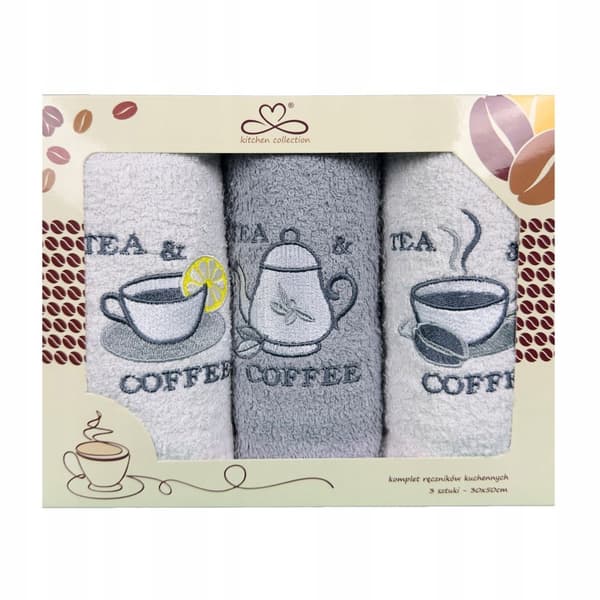 Set kökshanddukar Kuchcik mönster kaffe & te 30x50 ljusgrå, vit