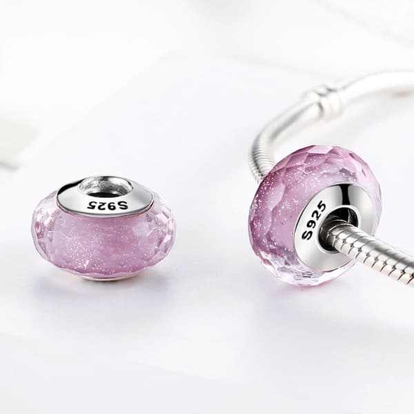 Rosa glasberlock med partiklar, glaspärla, silver 925