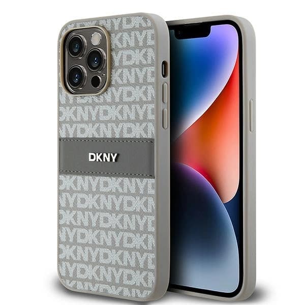 DKNY DKHCP14LPRTHSLE iPhone 14 Pro6.1 Beige Hardcase Läder Mono Stripe & Metal Logotyp