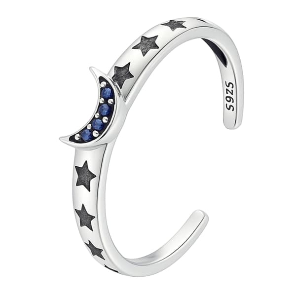 Justerbar silverring med måne och stjärnor, 925 silver