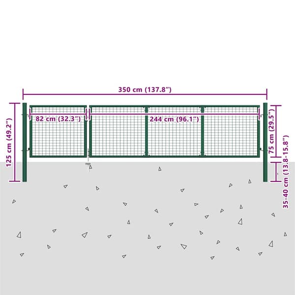 vidaXL Teräksinen puutarhaportti 350x75 cm Vihreä