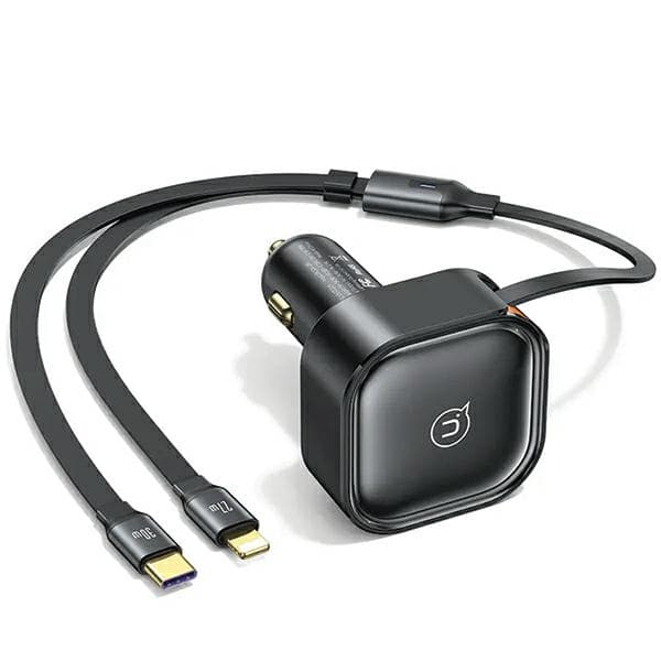 USAMS Biloplader med udtrækkeligt kabel 1xUSB-C + 1x Lightning C41 PD 30W Fast Charge sort/sort CC219CC01 (US-CC219)