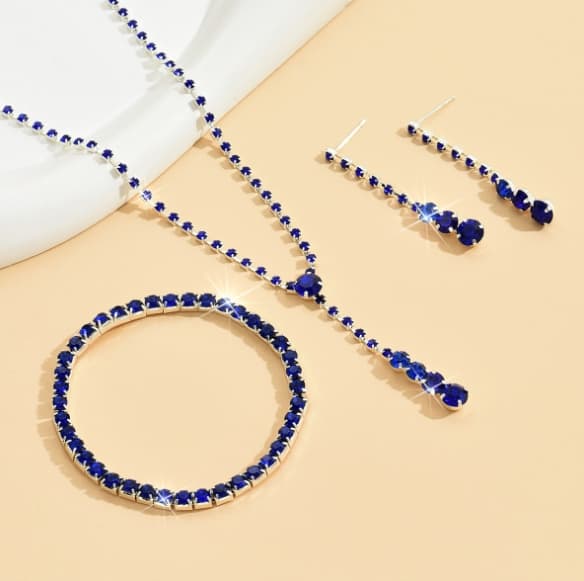 Sæt Øreringe Halskæde Armbånd Bryllup Sølv Blå Zirkoner B20