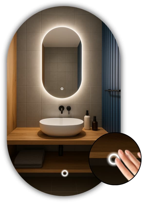 Oval LED-spegel 60x85 med touch switch vattentät IP65 LUNA