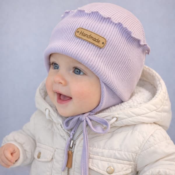 Babyhue 34-36 med flæser, striber, bundet, forår/efterår, lyng