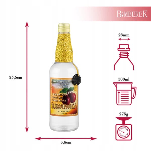 5x lasipulloa Gyllene Łąck -luumuviinalle 0,5 l koristeltu pullo Monopol