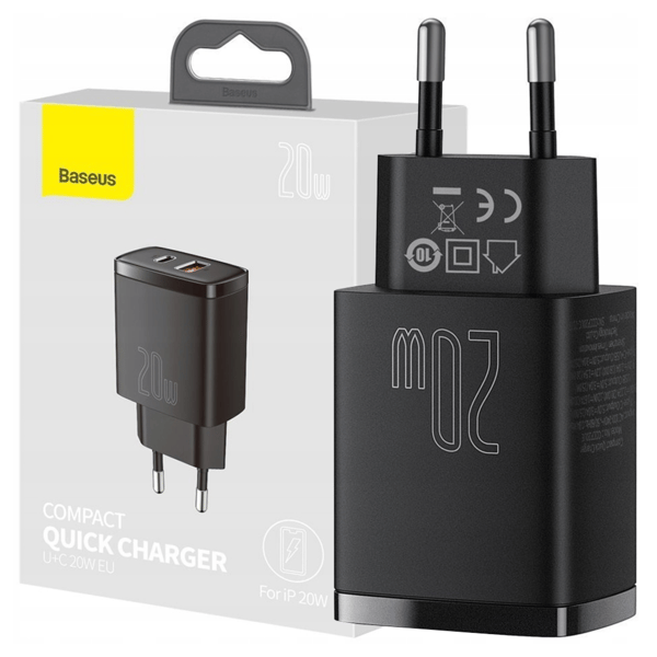 Baseus Compact -pikalaturi, USB, USB-C, 20W (musta)