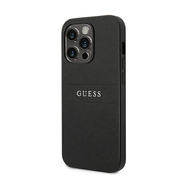 Guess Saffiano Metal Logo Striber - iPhone 14 Pro cover (sort)