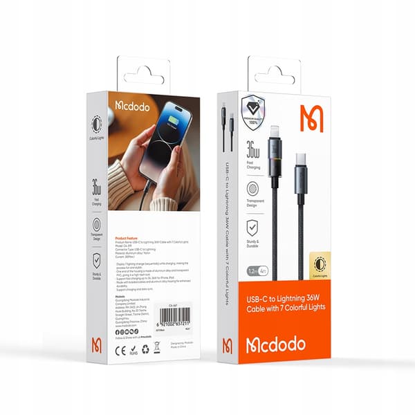 MCDODO USB-C-KABEL SNABBLADDNING FÖR IPHONE LIGHTNING 36W 1M LED SVART