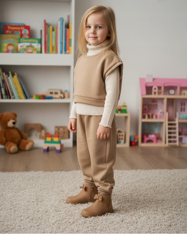 Barn poncho 122 väst cape värmande bomull med ludd beige