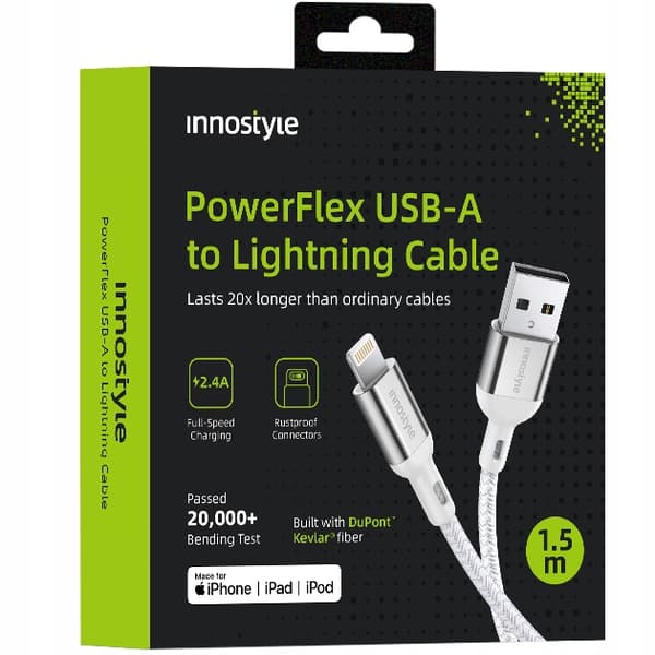 INNOSTYLE POWERFLEX USB LIGHTNING MFI SNABBLADDNINGSKABEL FÖR IPHONE KEVLAR 2M SILVER