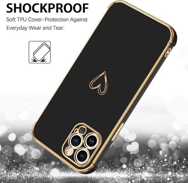 APPLE IPHONE 12 PRO SILIKONE ETUI SORT GULD RAMME HJERTE A2341