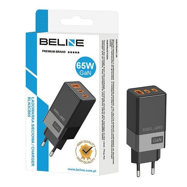 Beline Ład. bruger. 2x USB-C + 1x USB 65W sort/sort (kun hoved) PD 3.0 + QC 3.0 BLN3CB65 GaN