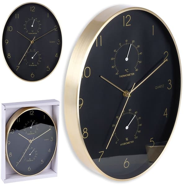 Vægur sort guld med termometer og hygrometer 27x34,5 cm