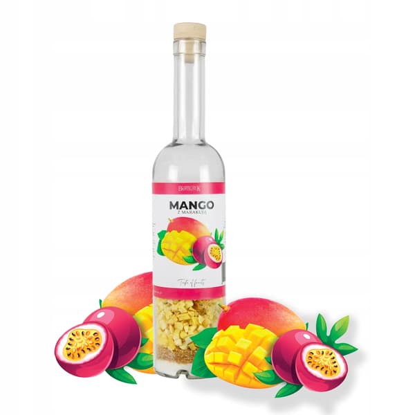 500 ml:n pullo hedelmillä OMA MANGO- JA PASSIONHEDELMÄLIKÖÖRI - Tee-se-itse