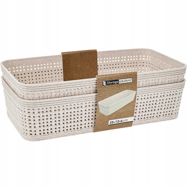 Set med 2 beige plastflätade förvaringskorgar 13x25cm