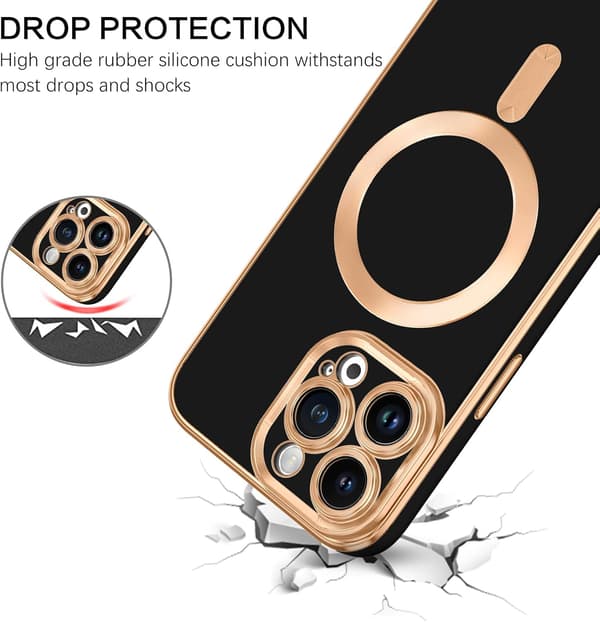 ETUI TIL APPLE IPHONE 14 PRO MAX SILIKONE SORT GULD MAGSAFE A2894 A2651